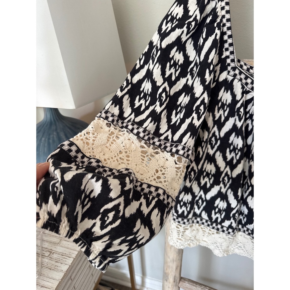 Christian Siriano Boho Ikat & Crochet Lace Insert Top Linen Black Ivory size XL - Picture 4 of 10